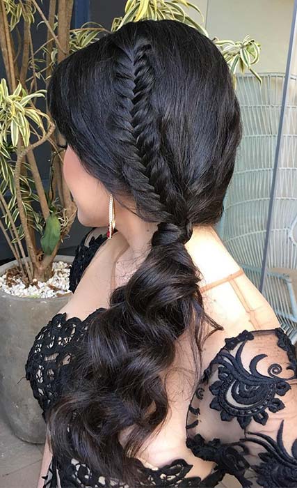 Curly, Side Ponytail with a Fishtail Braid