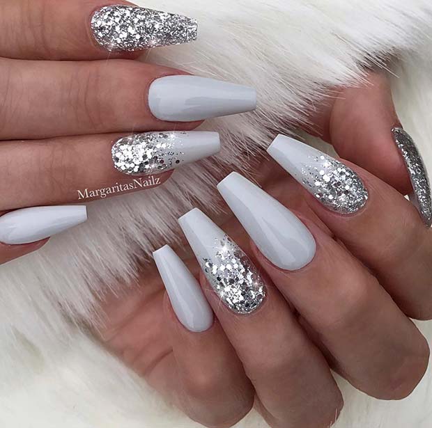 Grey and Silver Glitter Coffin Nails