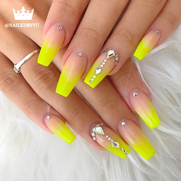 Yellow Coffin Acrylic Nails with Rhinestones 