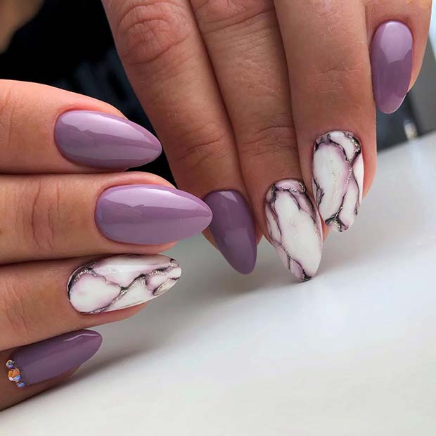 Purple Marble Almond Nails