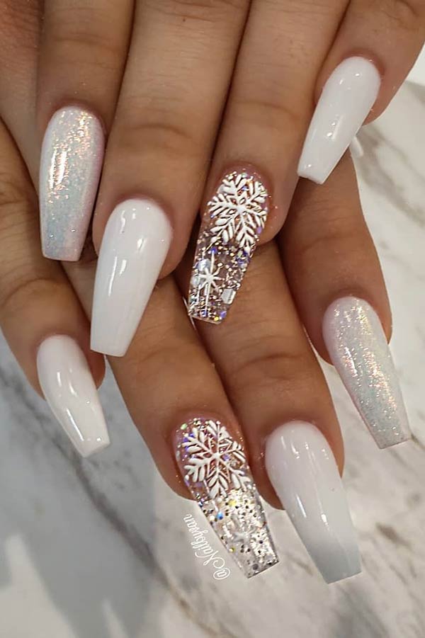 Glam White Nails with Snowflakes 