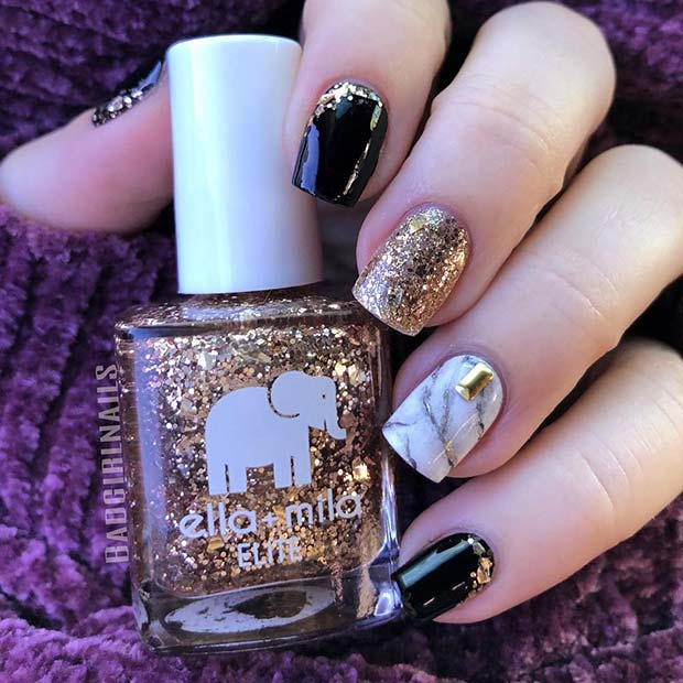 Black and Gold Nails with Marble