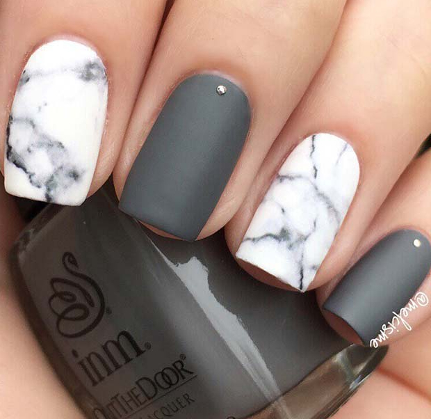 Grey Matte Nails with Marble Accent Nail