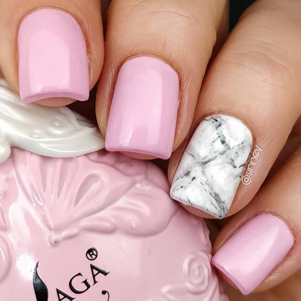 Pink Nails with a Marble Accent Nail