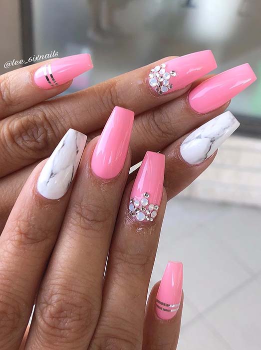 Pink and Marble Coffin Nails