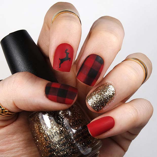 Plaid and Glitter Holiday Nails