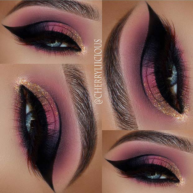 Pretty Pink Eye and Gold Glitter Makeup Idea