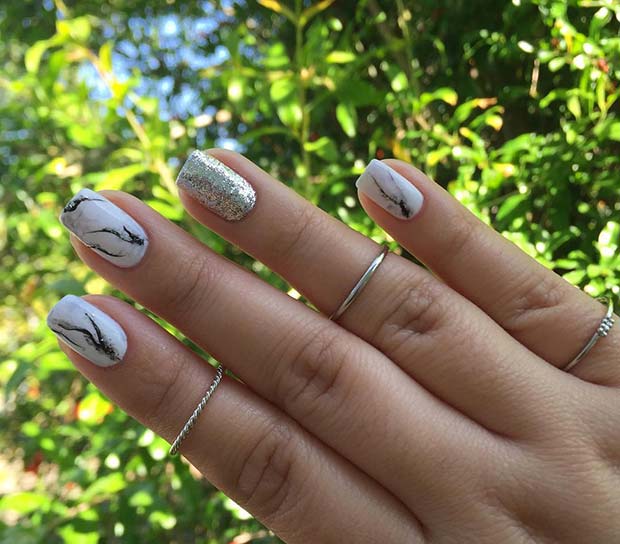 Marble Nails with Glitter Accent Nail
