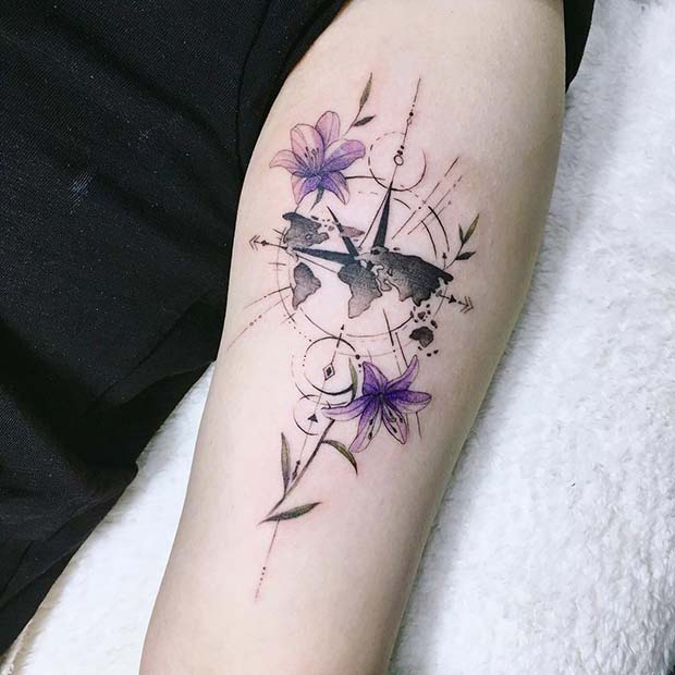 Unique Lily and World Map Tattoo Design