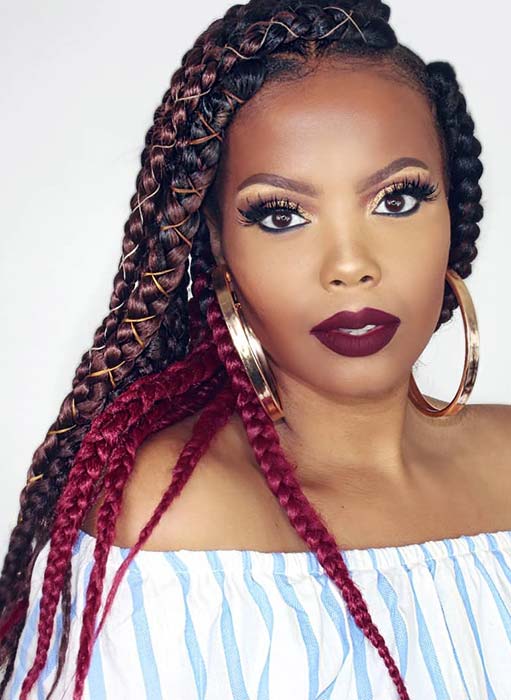 Big Box Braids in Brown and Red Colors