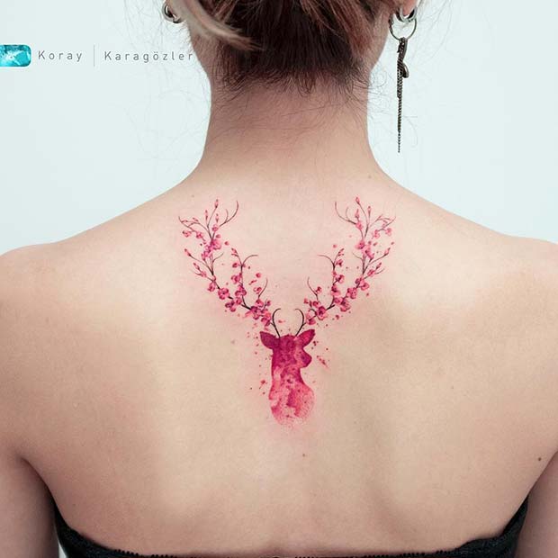 Cherry Blossom Deer Black Tattoo 