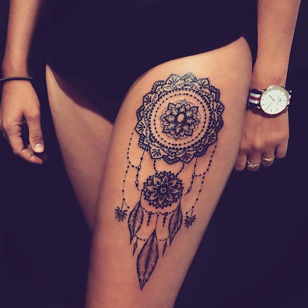 Dream Catcher Mandala Thigh Tattoo 