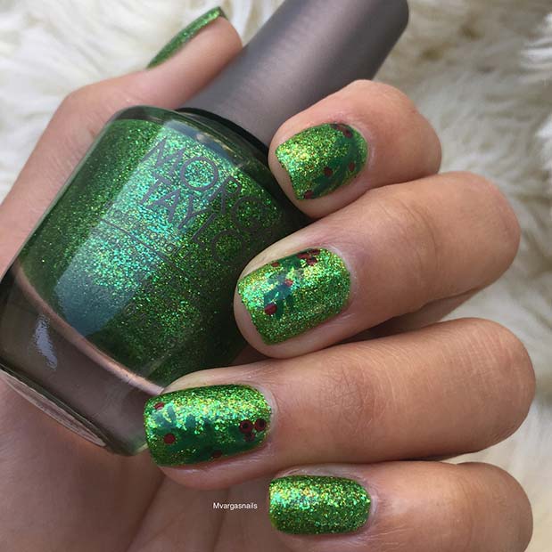 Festive Green Glitter Nails