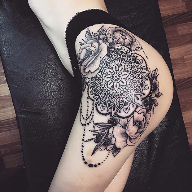 Big, Floral Mandala Thigh Tattoo 