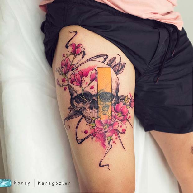 Floral Skull Thigh Tattoo 