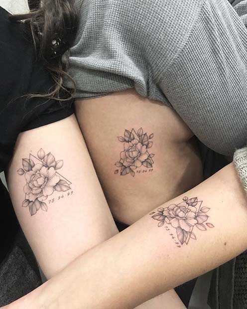Matching Floral Mother Daughter Tattoos with Dates