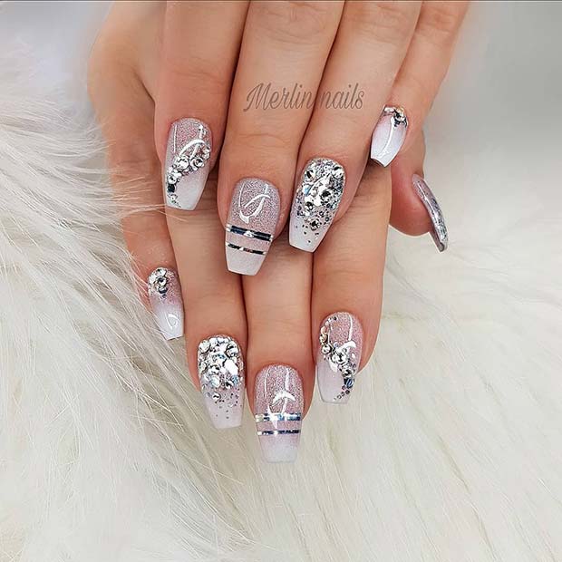 Glam, White and Silver Coffin Nails