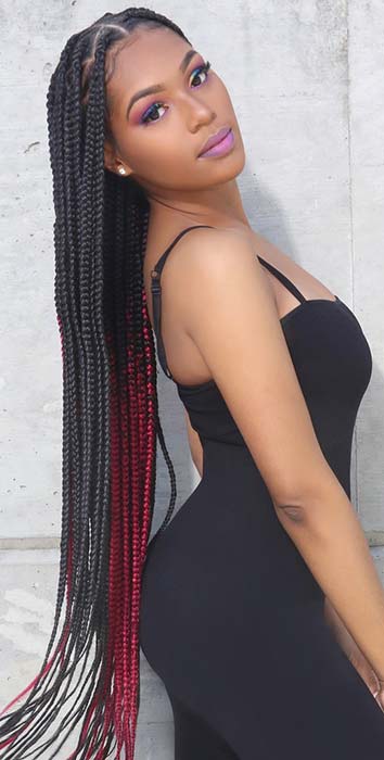 Long Box Braids with a Pop of Red