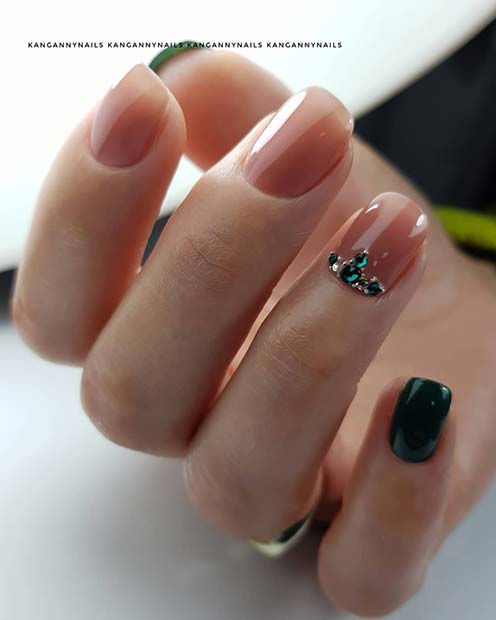 Nude Nails with Green Rhinestones