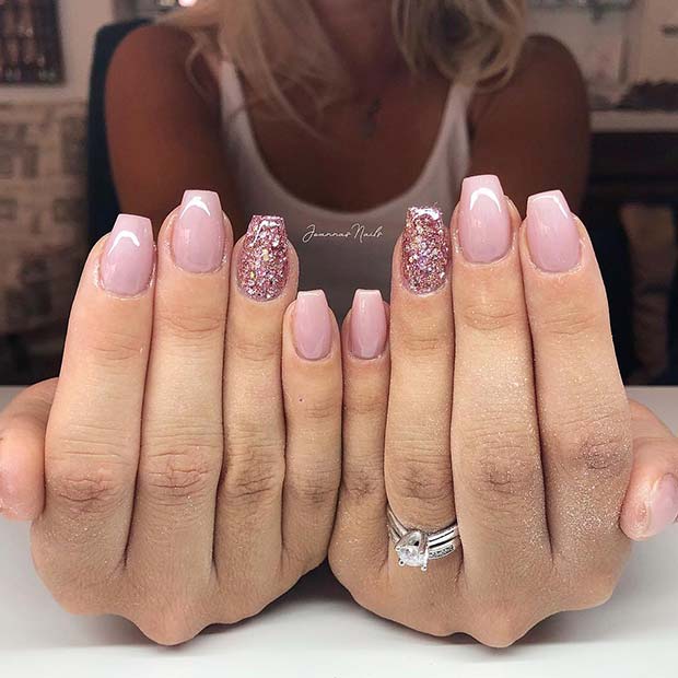 Light Pink and Glitter Short Ballerina Nails