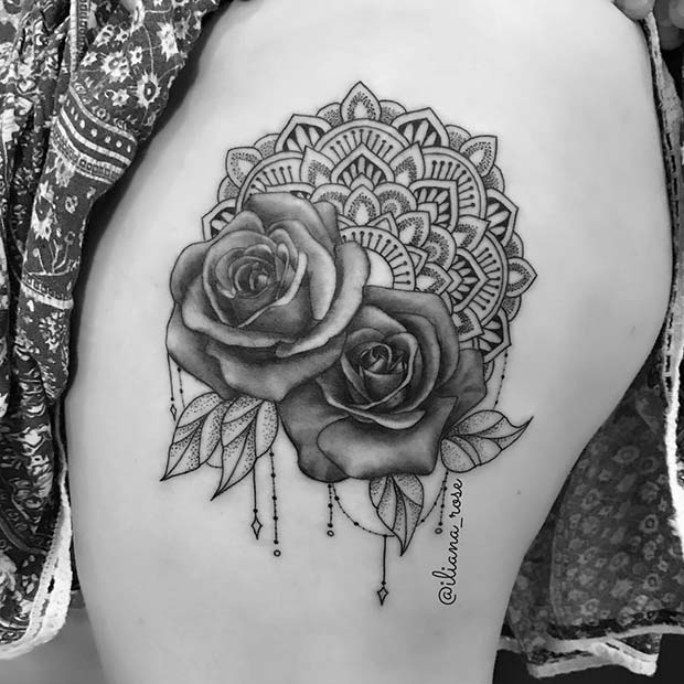 Mandala and Roses Thigh Tattoo 