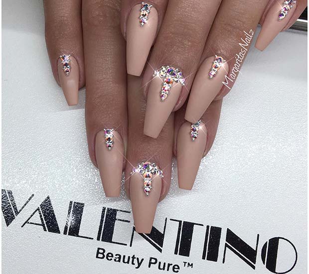 Matte Nude Coffin Nails with Rhinestones