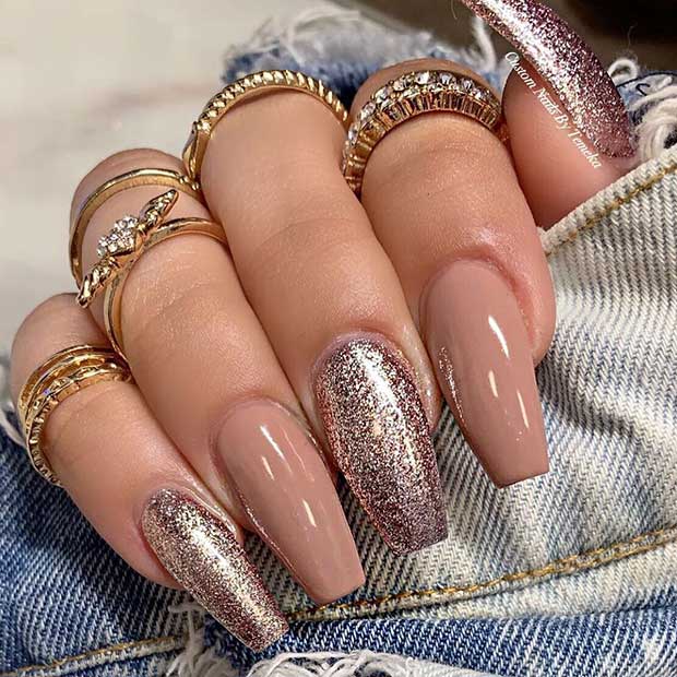 Nude Coffin Nails with Glitter