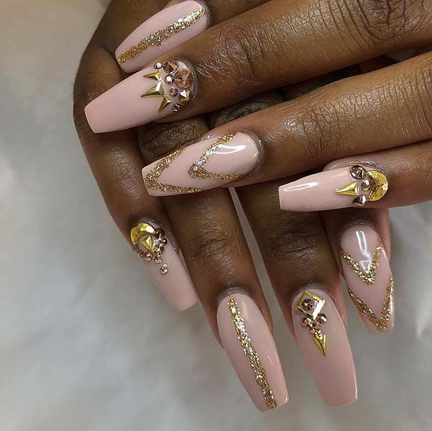 Nude and Gold Coffin Nails
