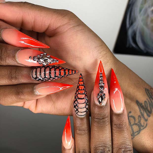 Orange Ombre Stiletto Nails