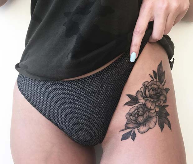 Floral Peony Thigh Tattoo Idea