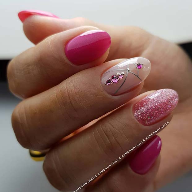 Pink Nails with Rhinestones 