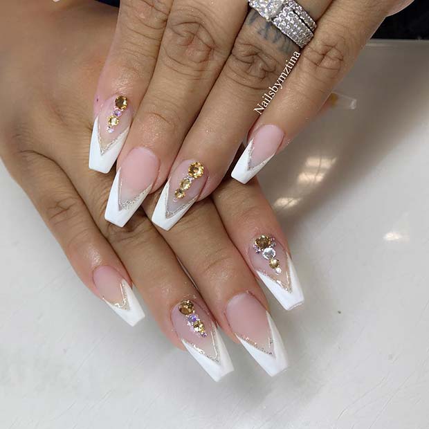 Coffin Nails with White Tips and Rhinestones