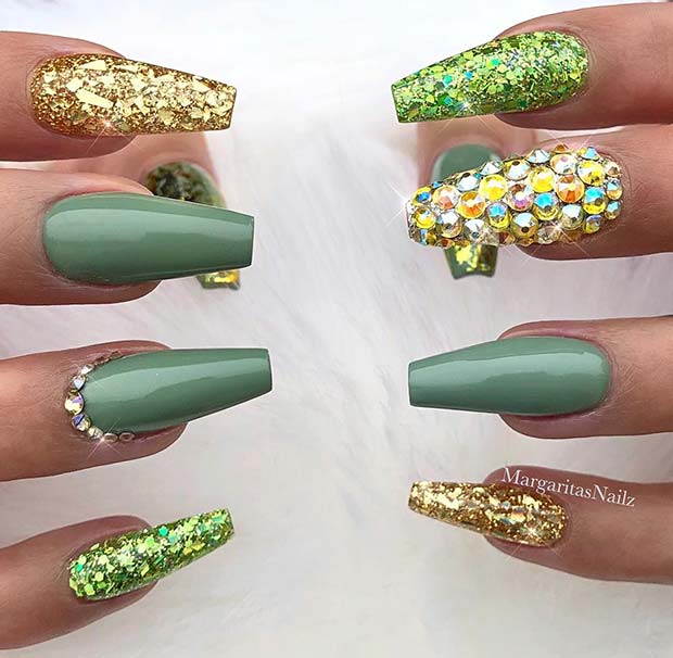 Statement Green Nails with Sparkle