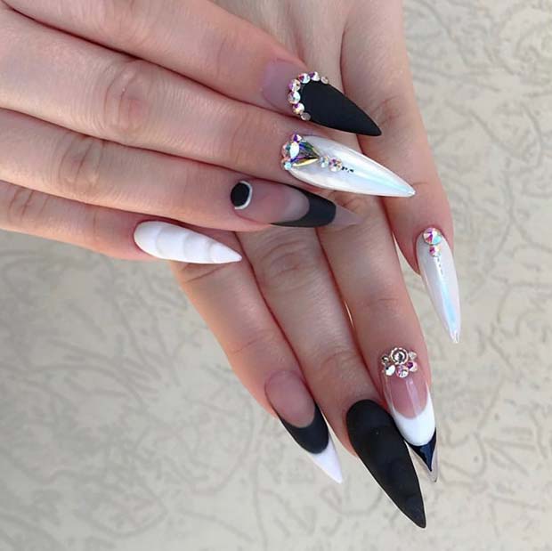 Stylish Black and White Stiletto Nails