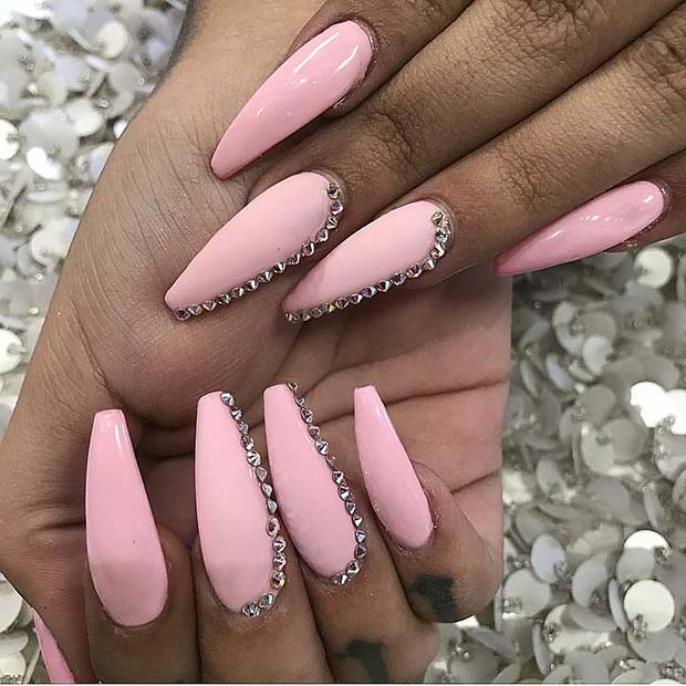 Light Pink Coffin Nails with Rhinestones