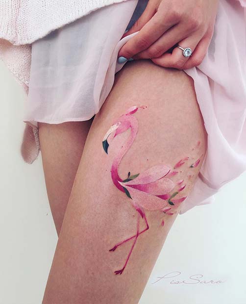 Unique Flamingo Thigh Tattoo 