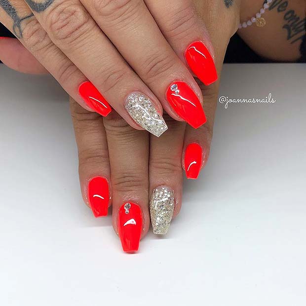 Vibrant, Short Coffin Nails with Glitter