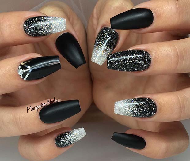 Black and White Coffin Nails with Glitter