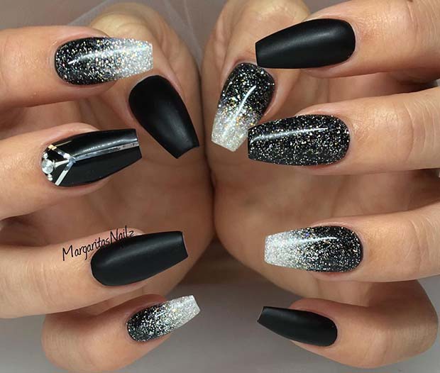 black coffin nails with gems