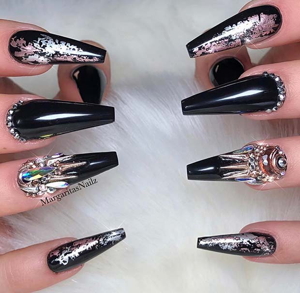 Black Coffin Nails with Silver ArtÂ 