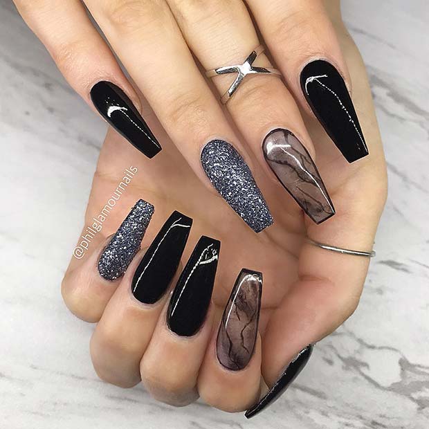 Black and Glitter Coffin Nails
