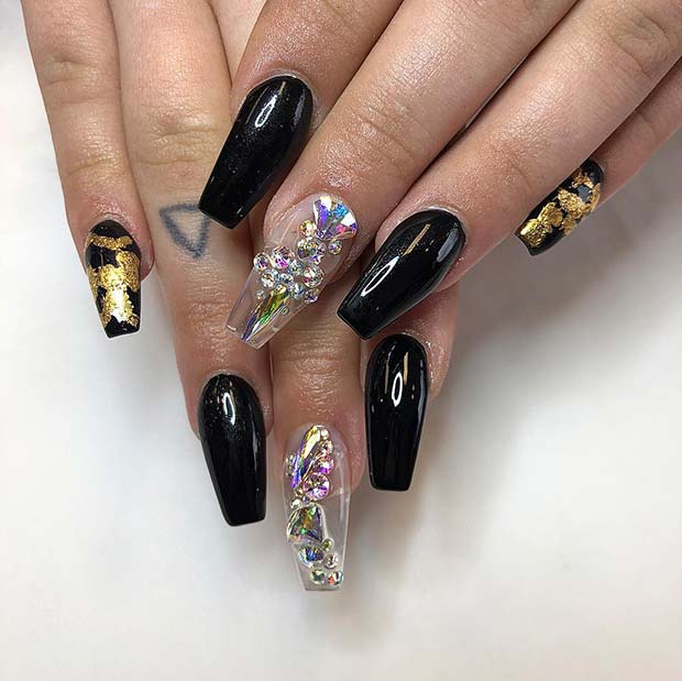 black coffin nails with gems