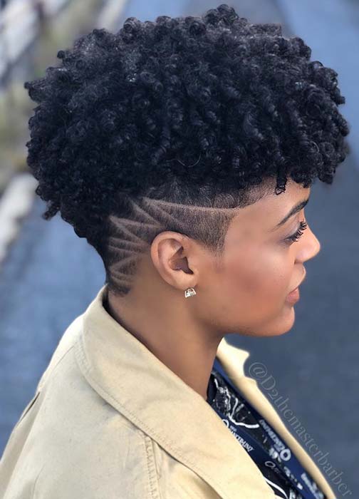 Natural Curls with a Trendy Shaved Pattern