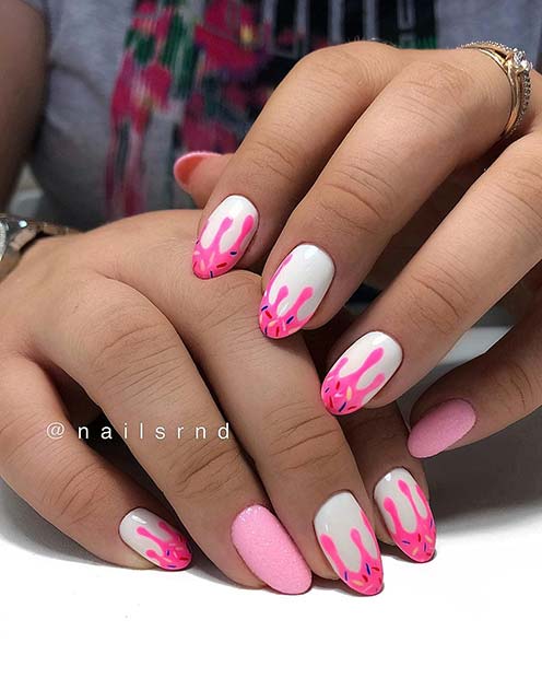 Cute, Pink and White Drip Nails