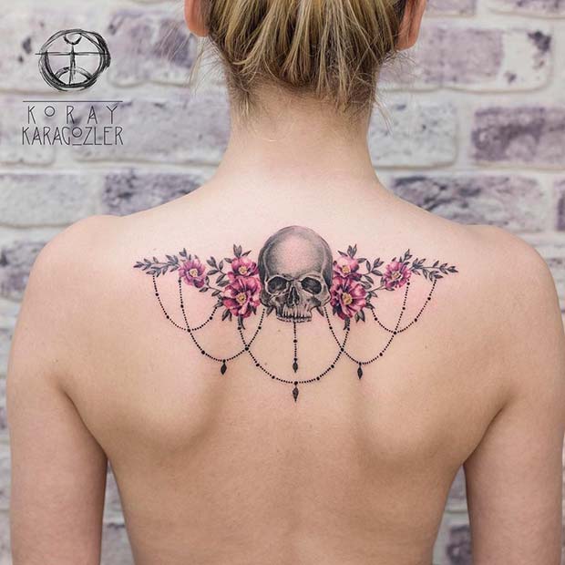Floral Skull Back Tattoo