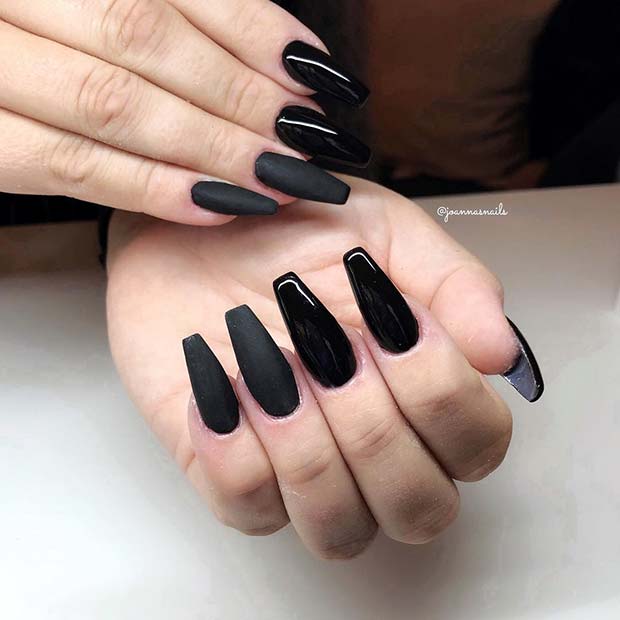 Glossy and Matte Black Coffin Nails