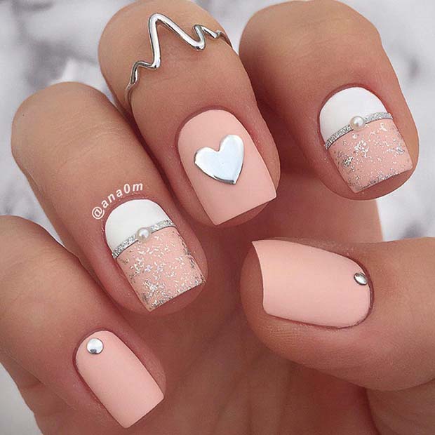 Light Pink and White Heart Nails