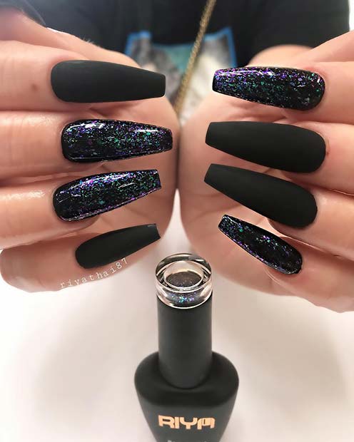 Black Matte Nails with GlitterÂ 