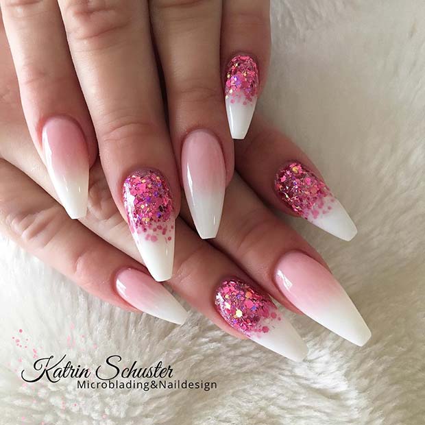Glitter Pink and White Ombre Nails