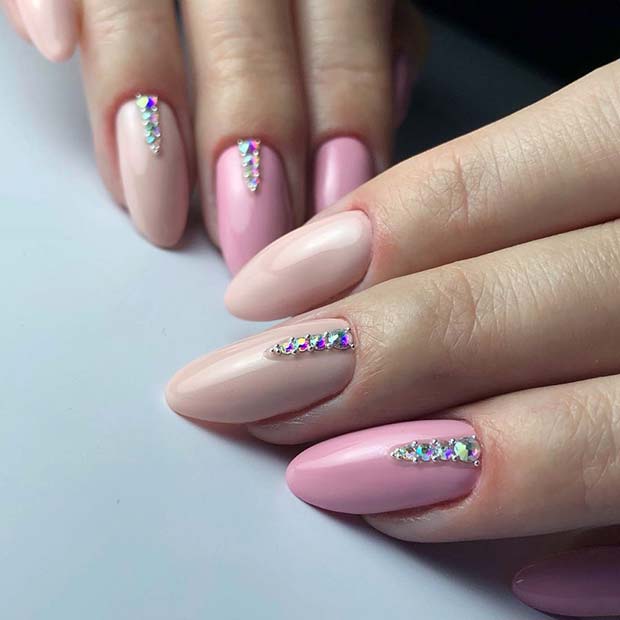 Pink and Nude Nails with Sparkling Rhinestones